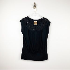 Free People Black Cap Sleeve Embellished Tee Sz M